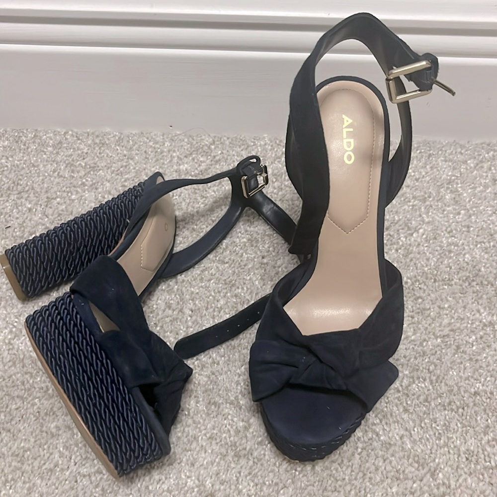 Navy Aldo platforms with nautical woven heel detail